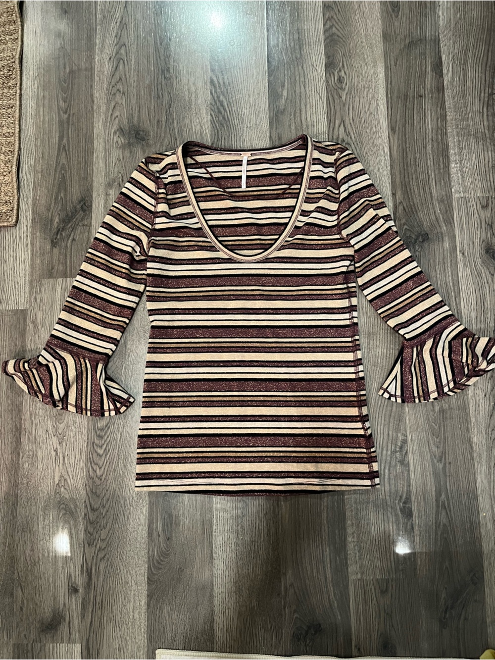 Free People Striped Sparkly 3/4 Ruffle Sleeve Top in Cream and Brown
